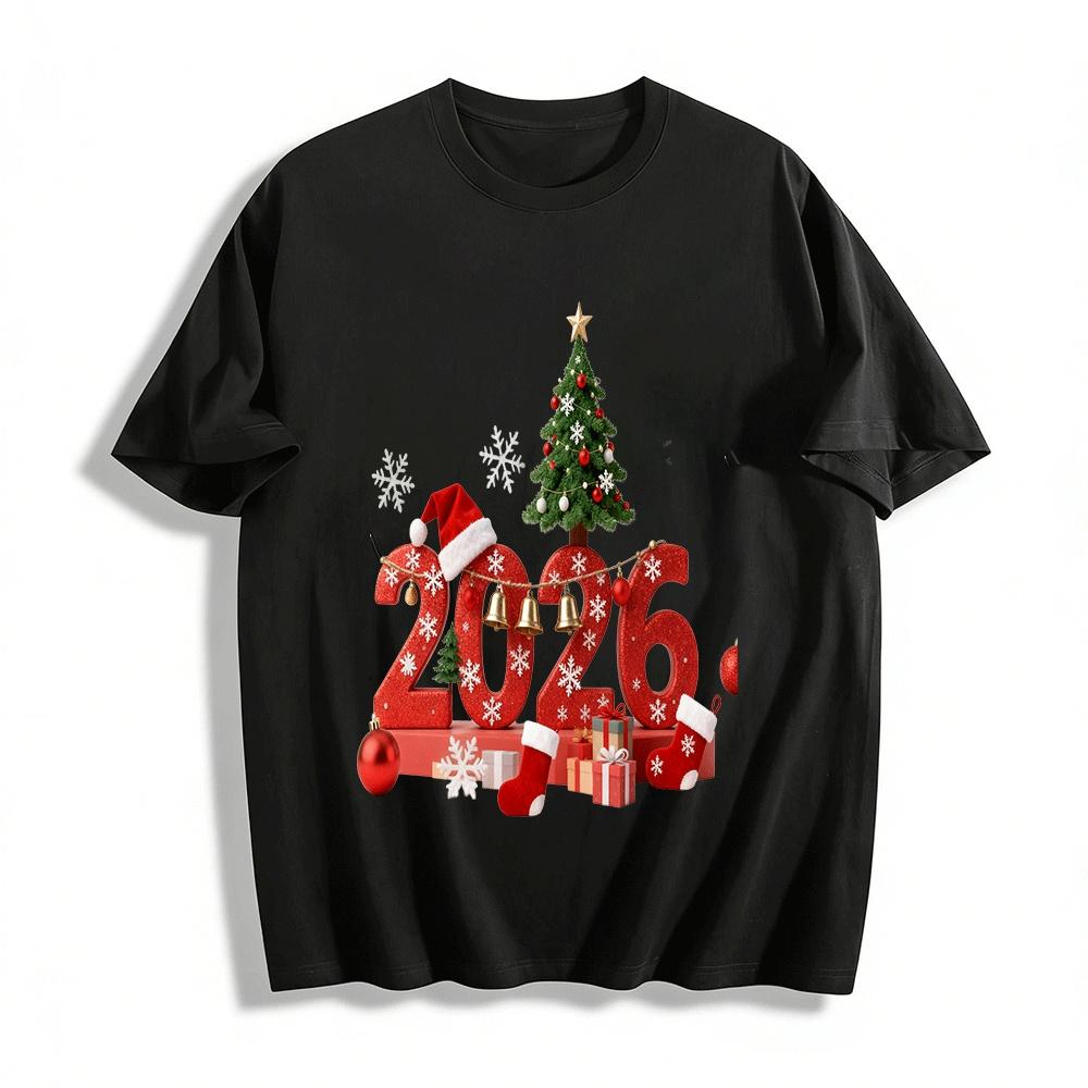 

2026 Christmas New Year Graphic Print Casual Long Sleeve Top Pure cotton T-shirt 6XL