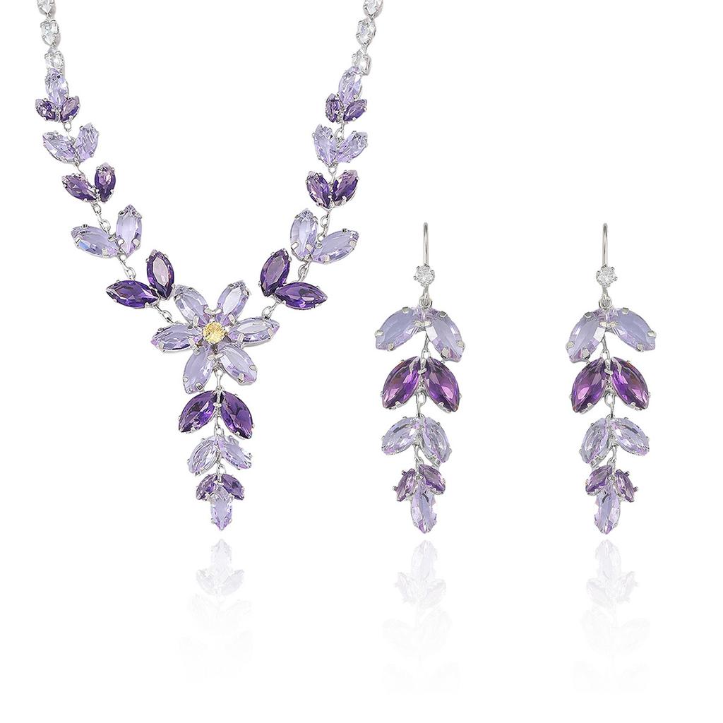Vintage Purple Zircon Flower Leaf Tassel Necklace Earrings for Women Wedding Party Accessories Jewelry Sets with Box