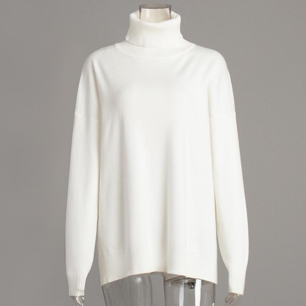 Women's High Neck Sweater Autumn and Winter Casual Open Loose Solid Color Knitted Sweater