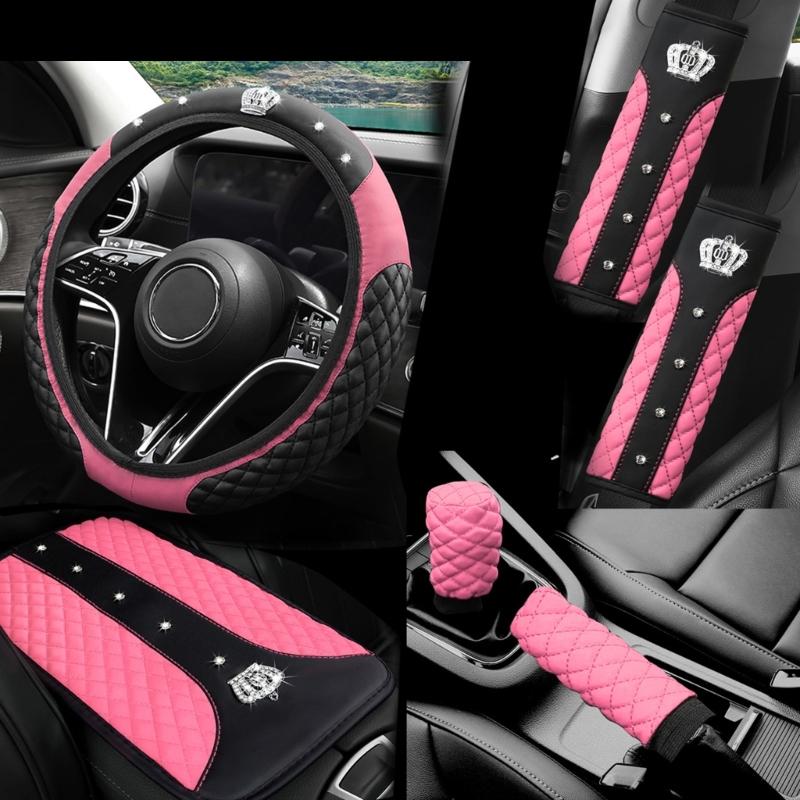Leather Look Car Interior Accessory Kit with Quilted Wheel Cover, Armrest Pad, Belt Pads, Gear Handle and Handbrake Covers for Commuters