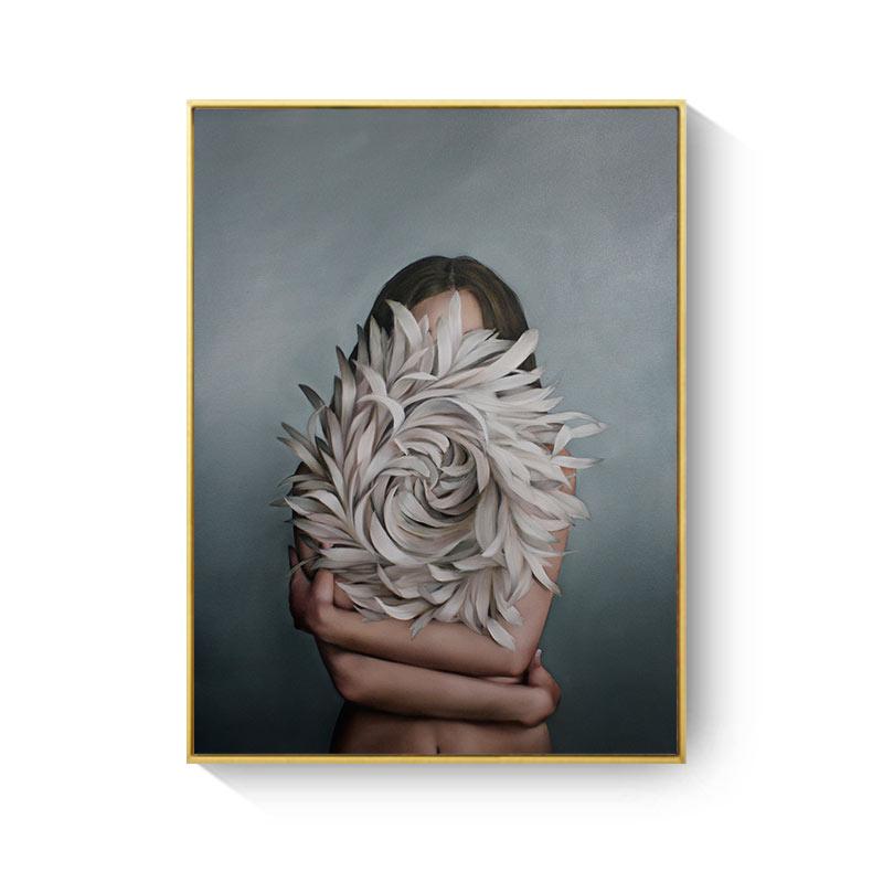 HAOCHU Posters and Prints Flowers Feather Sexy Women Character Canvas Painting Wall Pictures For Living Room Home Decoration