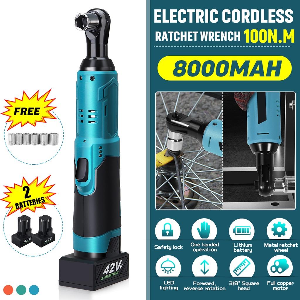 3/8"  Cordless Electric Wrench Ratchet 42V Rechargeable Scaffolding 100Nm Right Angle Wrench Tool + 2 Battery Charger
