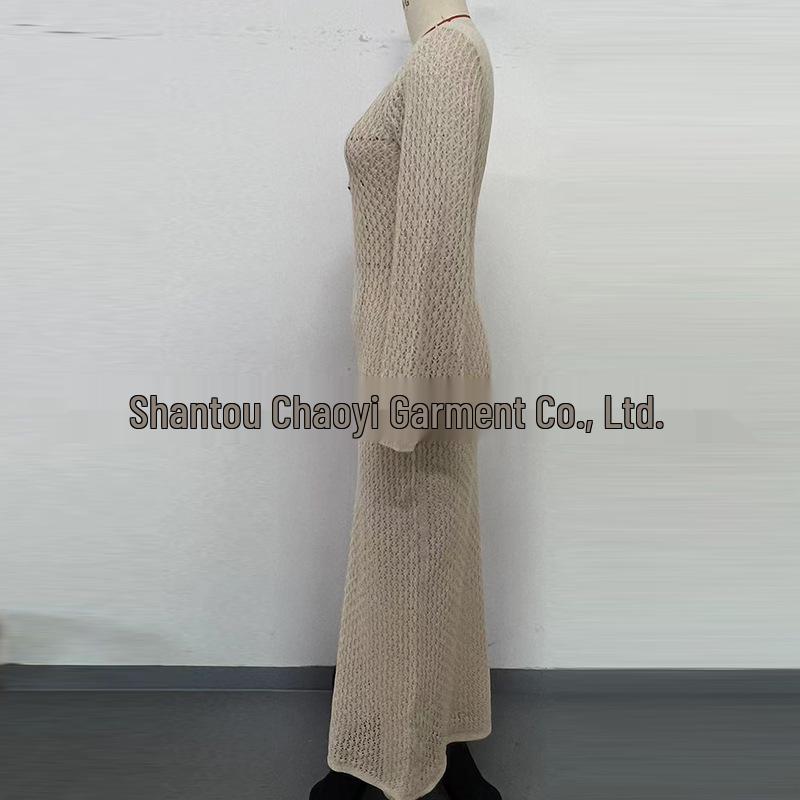 European-American V-Neck Hollow Texture Long-Sleeve Beach Dress