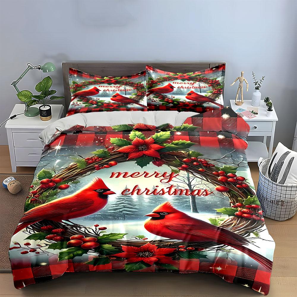 Cardinals, Wreath, Poinsettias, Berries. Bedding Sets Duvet Cover Sets Duvet Covers Pillowcases(1 * Duvet Cover 2 * Pillowcases Without Duvet Insert)
