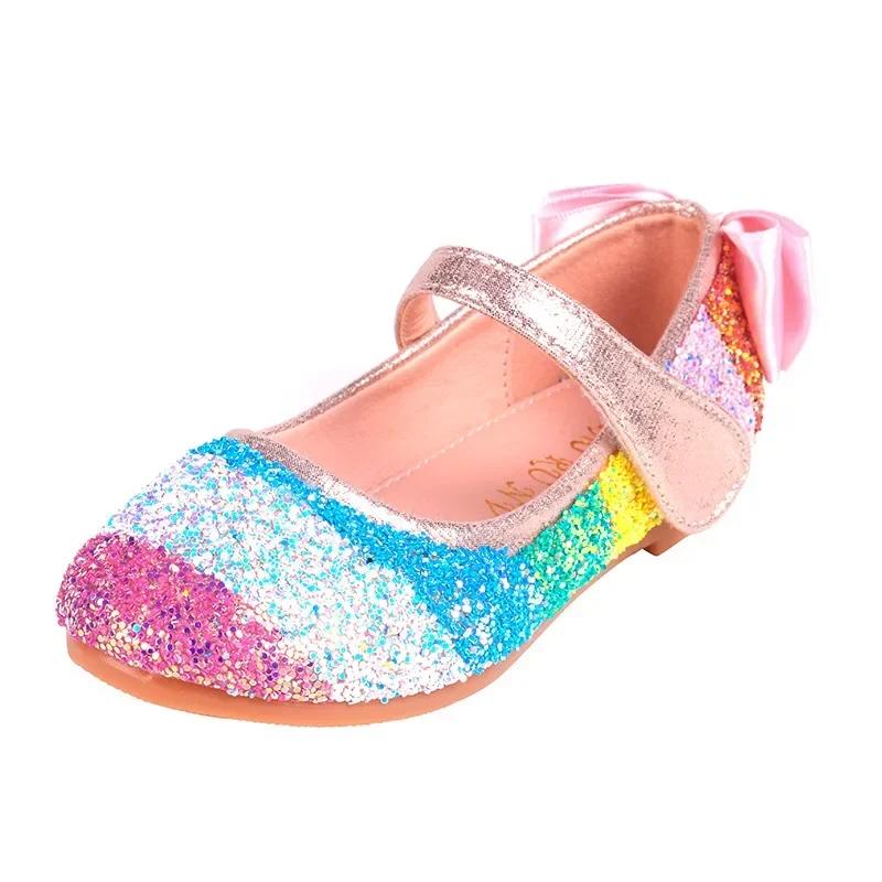 Girl Shoes Spring New Girls Soft Sole Leather Shoes Rainbow Sequins Dress Princess Shoes Kids Shoe Mary Jane Shoe Zapatos Niña