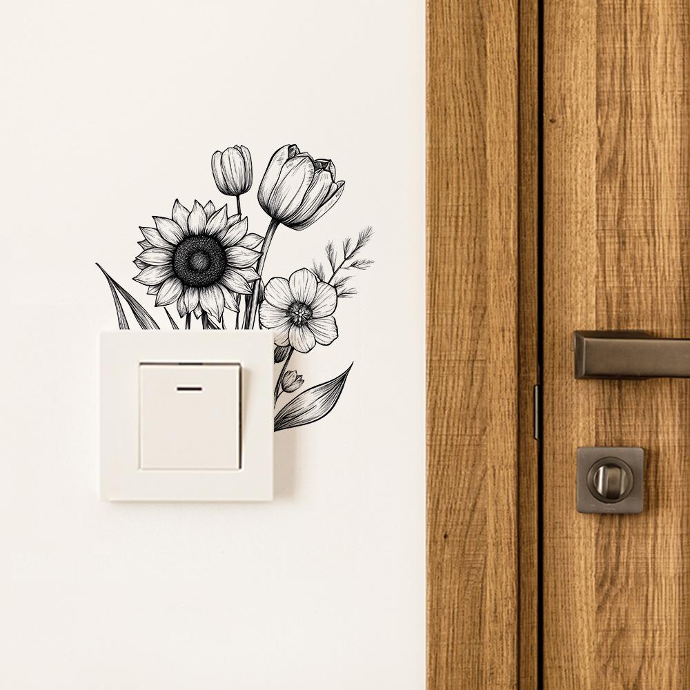 Self Adhesive Black and White Flower Switch Plate Stickers Peel and Stick Removable Waterproof