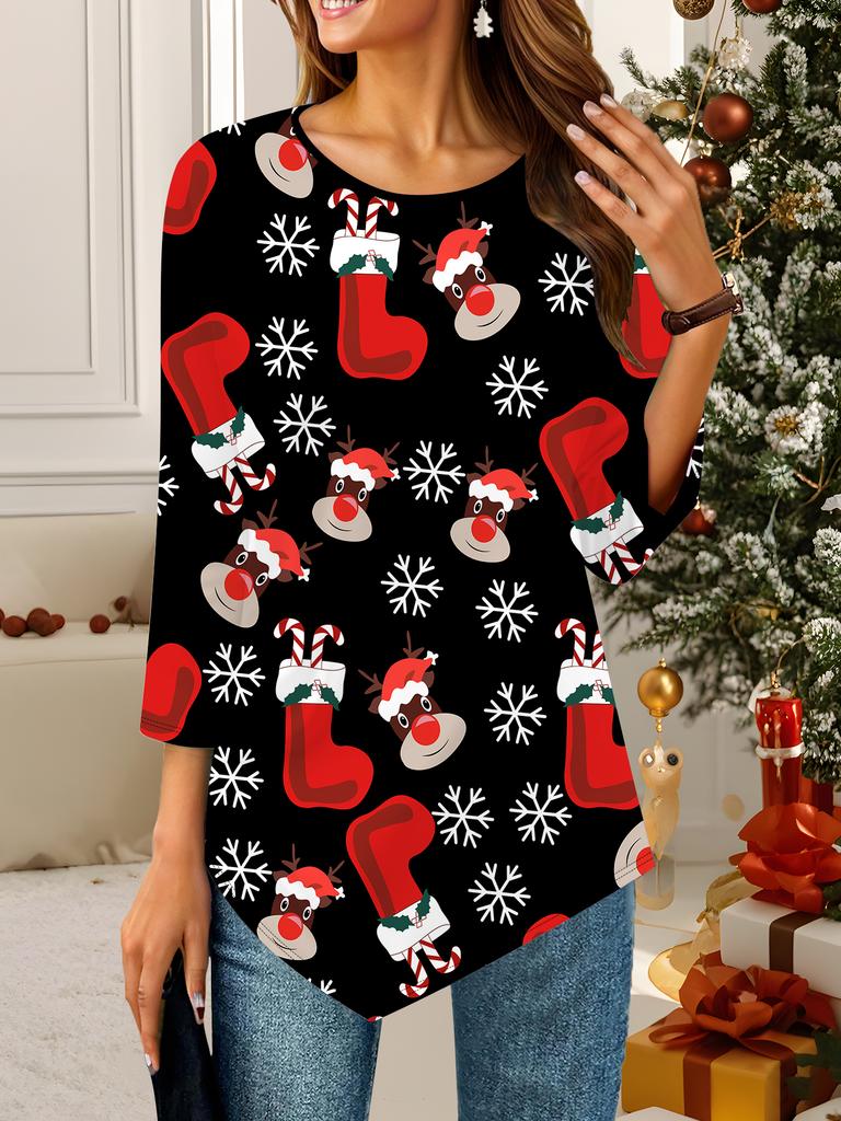 Women's Loose Round Neck Three Quarter Sleeve Tee 3D Christmas Pattern Ideal Halloween and Christmas Gift