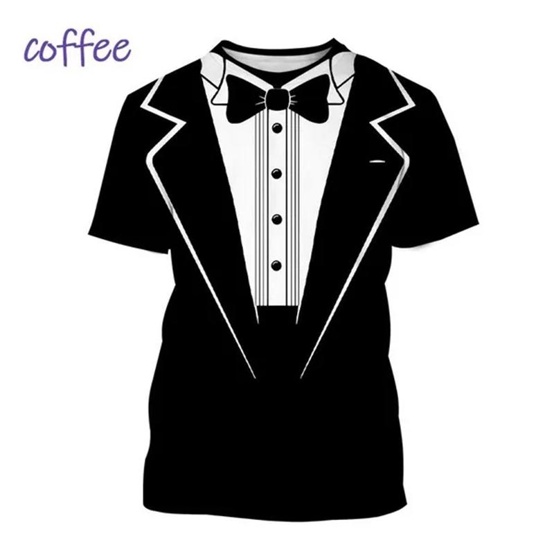 Summer Round Neck 3D Tuxedo Retro Tie Printed Top Fake Suit Tops Fashionable Casual Short Sleeved Men's T-shirts