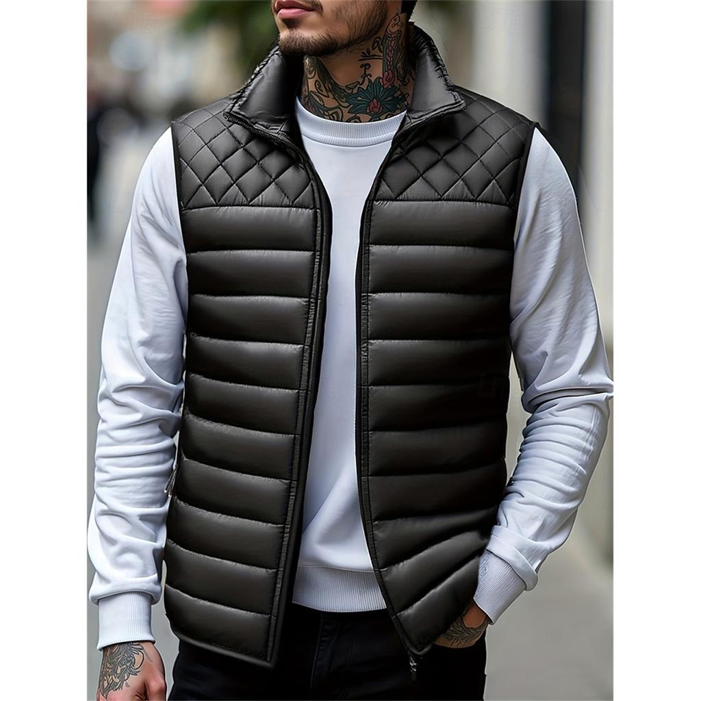 Men's Solid Color Fleece-lined Zip-up Vest, Stand Collar, Sleeveless, Outdoor Casual Warm Vest Jacket