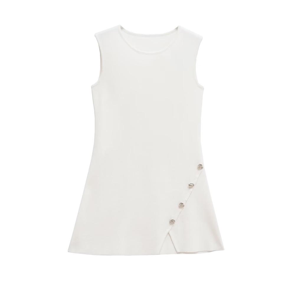 

2025 Spring/Summer Women s Asymmetrical Button Round Neck Sleeveless Dress Large