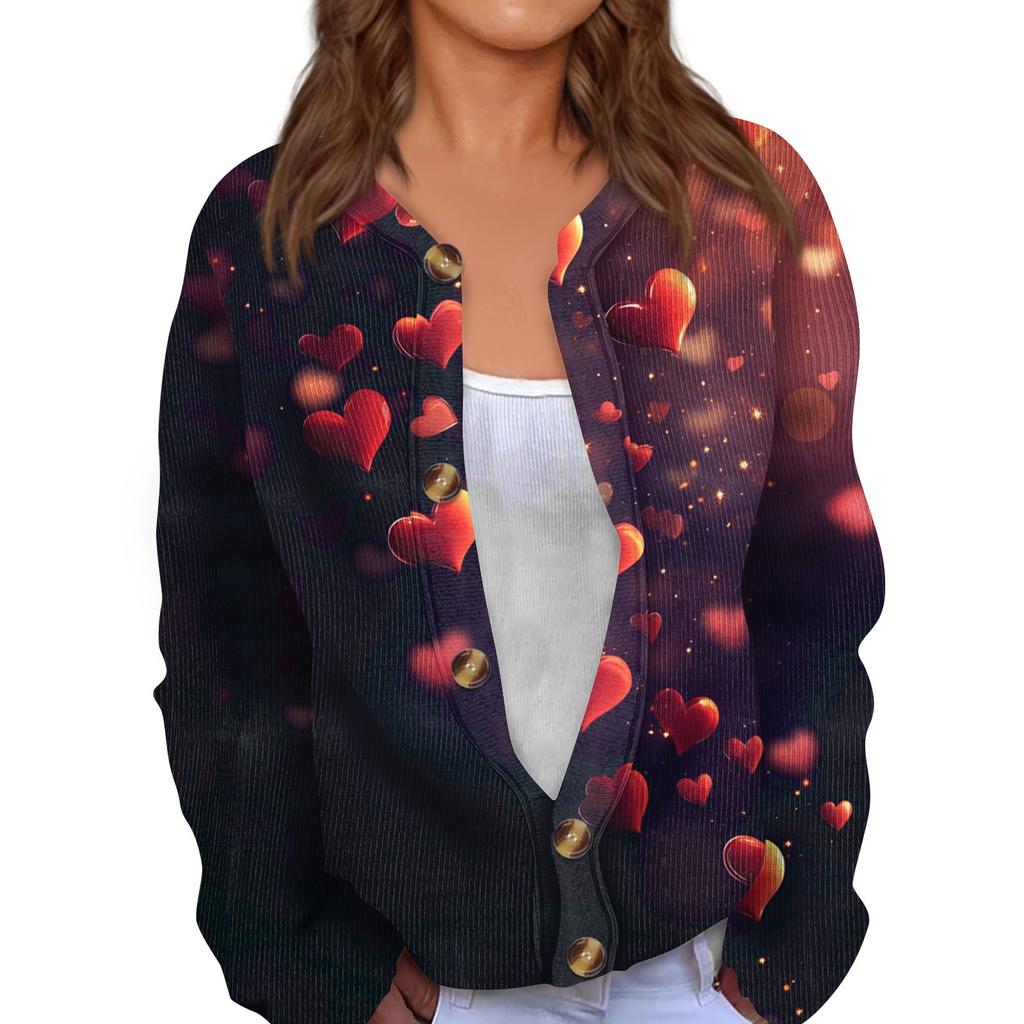 Kvinners Valentine's Day Print Langermet strikket Cardigan Button Jacket