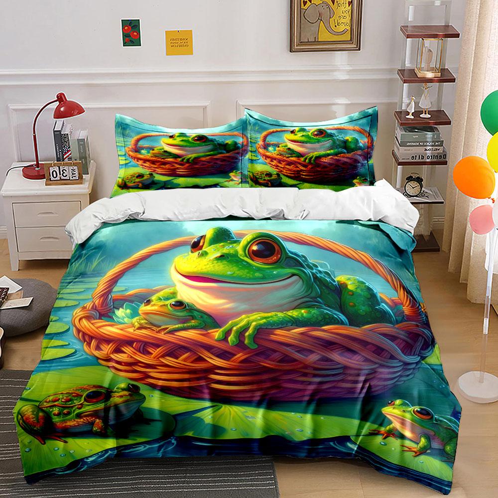 Whimsical Frogs' Basket Bliss Bedding Sets Duvet Covers Pillowcases(1* Duvet Cover 2* Pillowcases Without Duvet Insert)