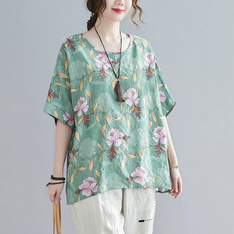 Plus Size Women's Casual Shirt, Floral Print Round Neck Lantern Sleeve Loose Top, Women's Office Casual Top