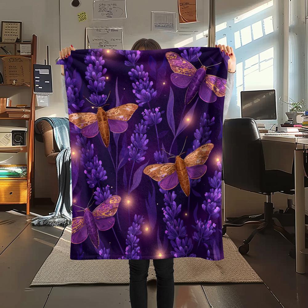 Purple Flower Butterfly  Print Flannel Blanket, High quality Comfortable for All Seasons, Home Decor, Warmth and Comfort