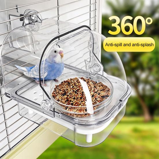 Bird Cage Accessory Feeder with Bowl, Transparent Parrot Bathtub Food Container, Indoor No Mess Shower Box for Parakeet Cockatiels