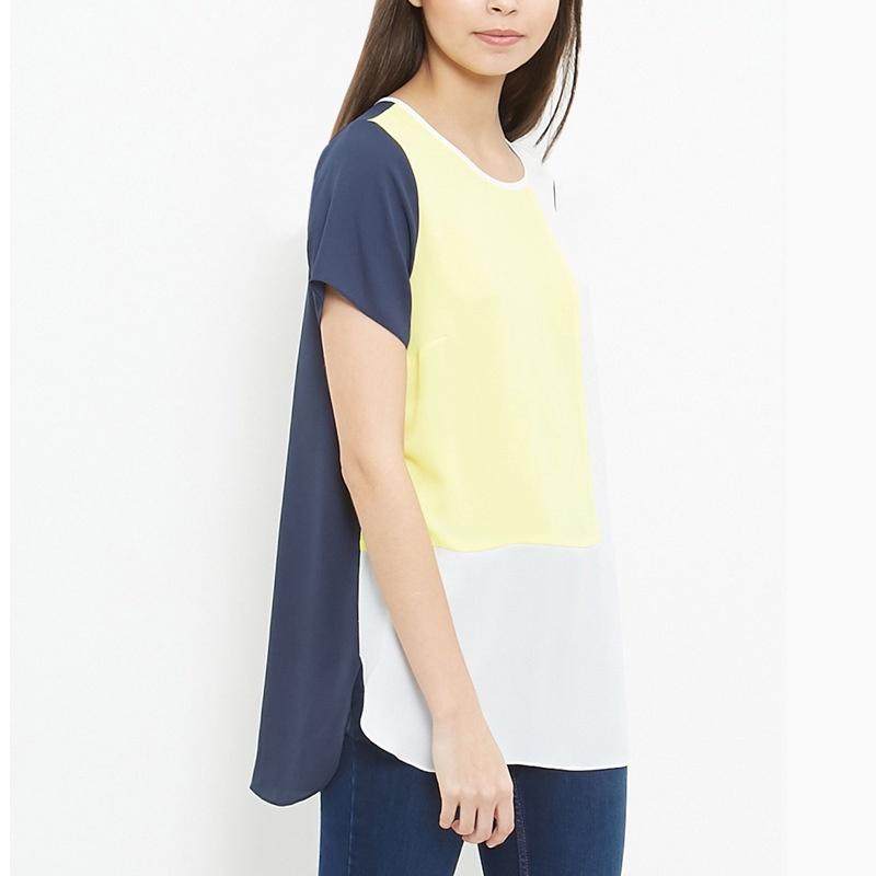 Women's Summer O-neck Loose Short Sleeve Shirt With Leisure Patchwork Design