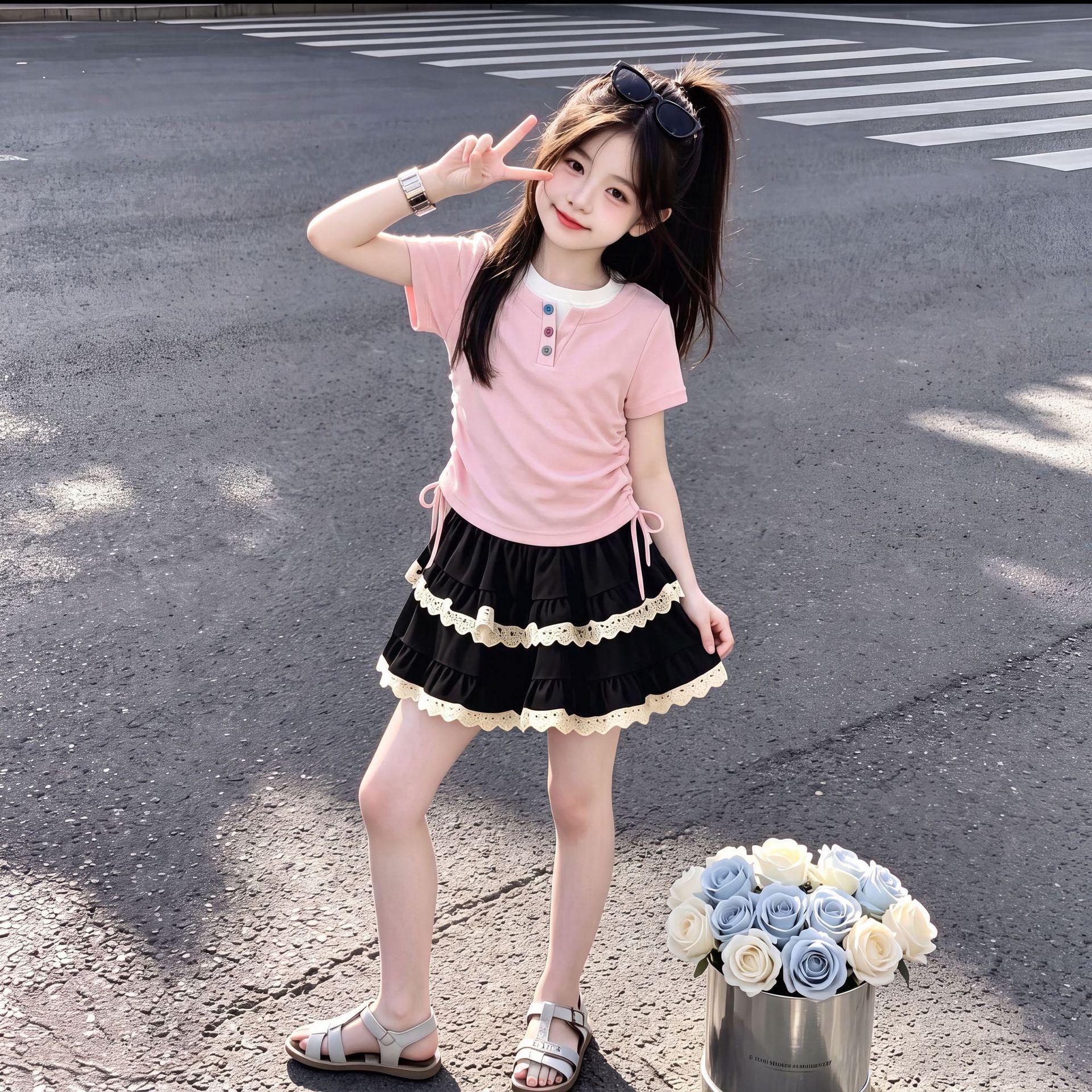 Girls Dopamine Short Sleeve Top with Lace Trim Tiered Dress Summer Lightweight Set 120