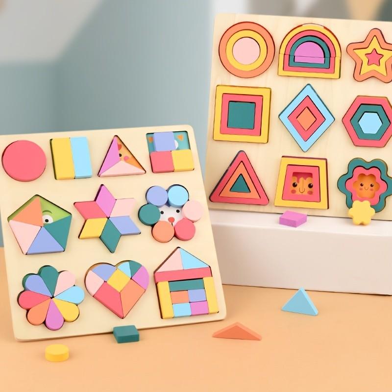 Children DIY Geometric Shape Color Matching Game Toys Wooden 3D Jigsaw Puzzle Block for Boy Girl Christmas Birthday Gift