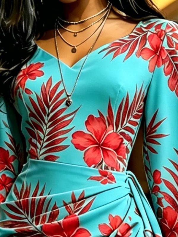 Women's Turquoise Tropical Hibiscus Print V Neck Wrap Maxi Dress Ruched Waist Kimono Sleeve Vacation Dress