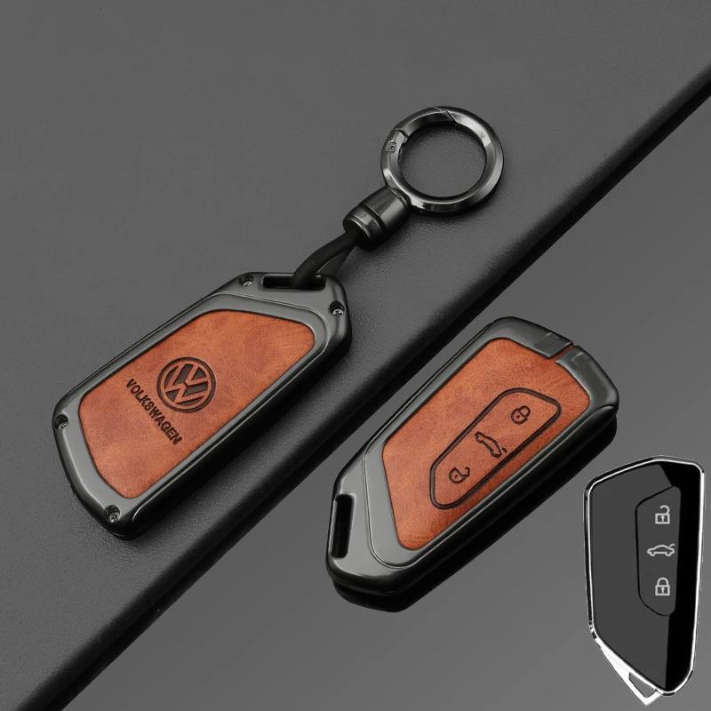 Valve Stems Caps For VOLKSWAGEN VW Fashion Zinc Alloy Leather Car Key Case Cover Shell For VW Volkswagen Golf 8 2020 SEAT Leon M QQ8