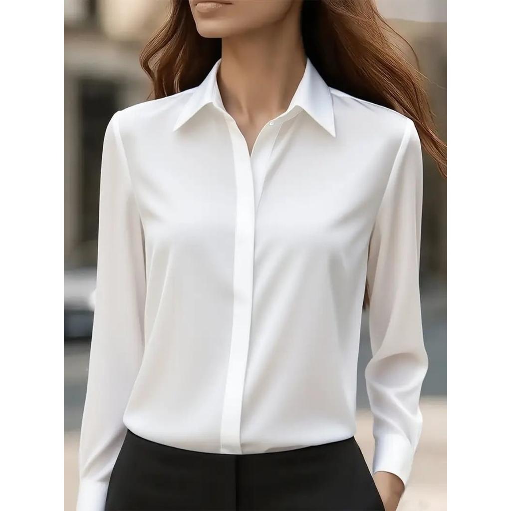 Damen-Hemd mit Umlegekragen, langen Ärmeln, aus Satin, Regular Fit, für den Weg zur Arbeit