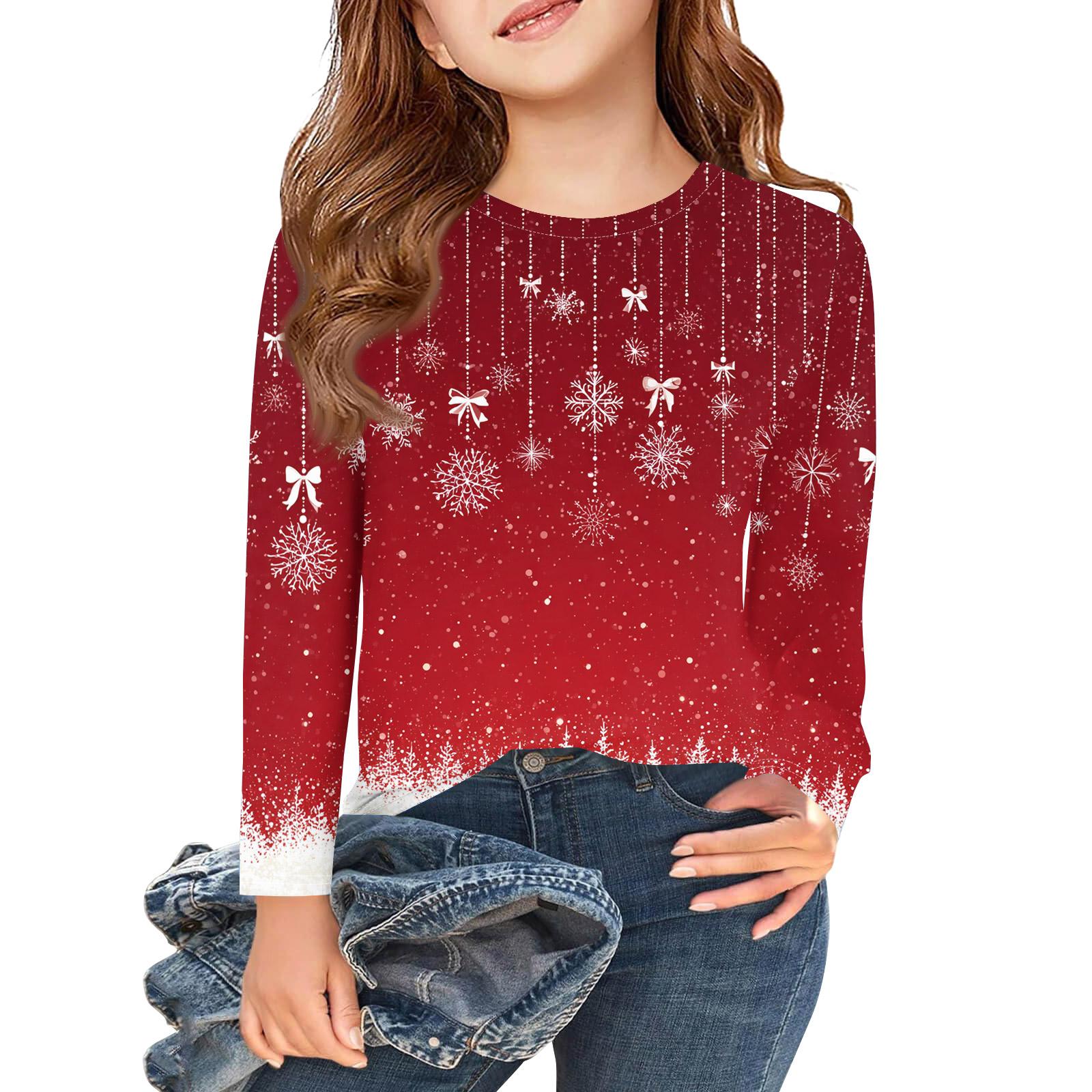 

Різдвяний день Футболки з довгим рукавом для дівчаток Дитячі осінні топи Круглий виріз З принтом Базові футболки 110