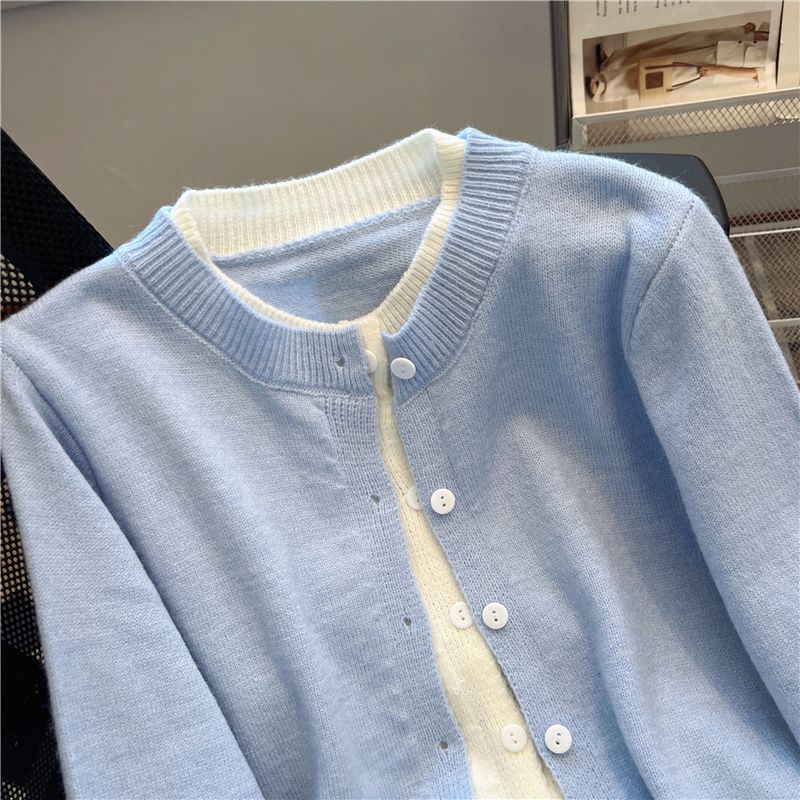 Cárdigan de punto para mujer, bloques de color, cuello redondo, manga larga, imitación de dos piezas, primavera, otoño, nuevo diseño, abrigo suave y juvenil