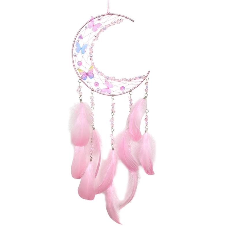 

Woven Moon Shape Dreamcatchers with Crystal Wall Art Handmade Butterfly Feathered Tassels Wall Hanging Ornament Decors розовый