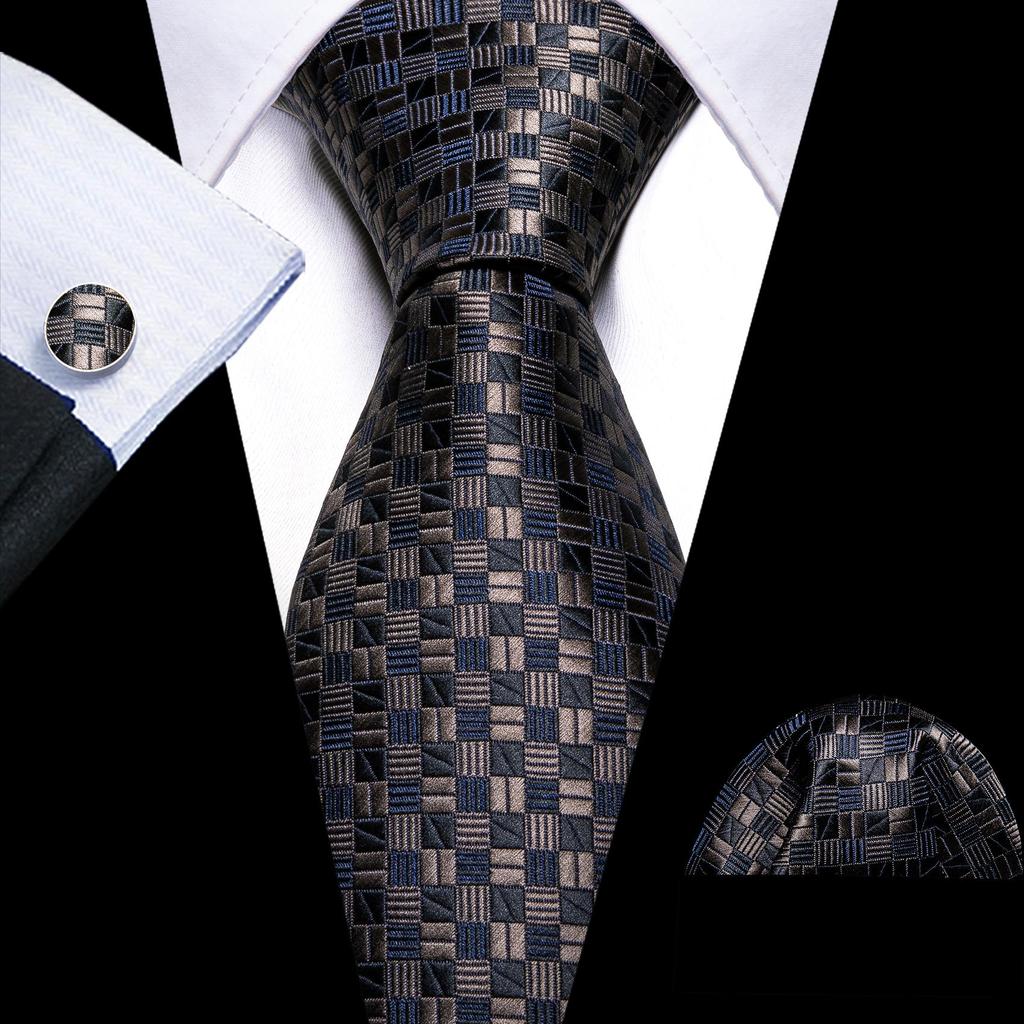 Barry.Wang Zestaw Krawat Poszetka Spinki do Mankietów Jasnofioletowy Szary Niebieski Krata Kwadraty Żakardowo Tkany Ślub