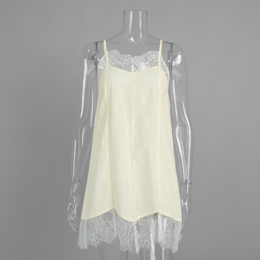 Vestido Camisola de Encaje con Empalme Nuevo de Verano Vestido Slip Elegante y Perezoso con Ribete de Encaje para Mujer Estilo Europeo Americano
