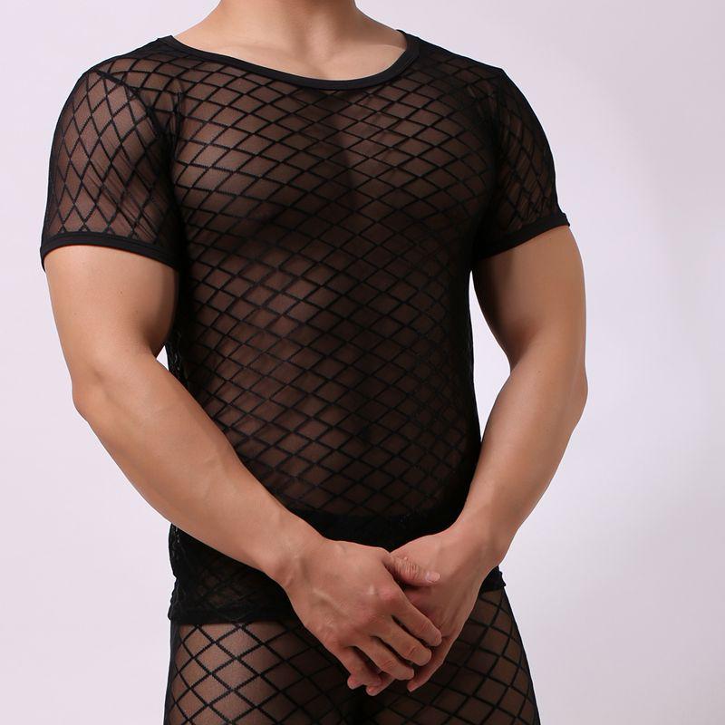 Men's Short Sleeve See-Through Mesh Slim Fit Diamond Net Top B-01