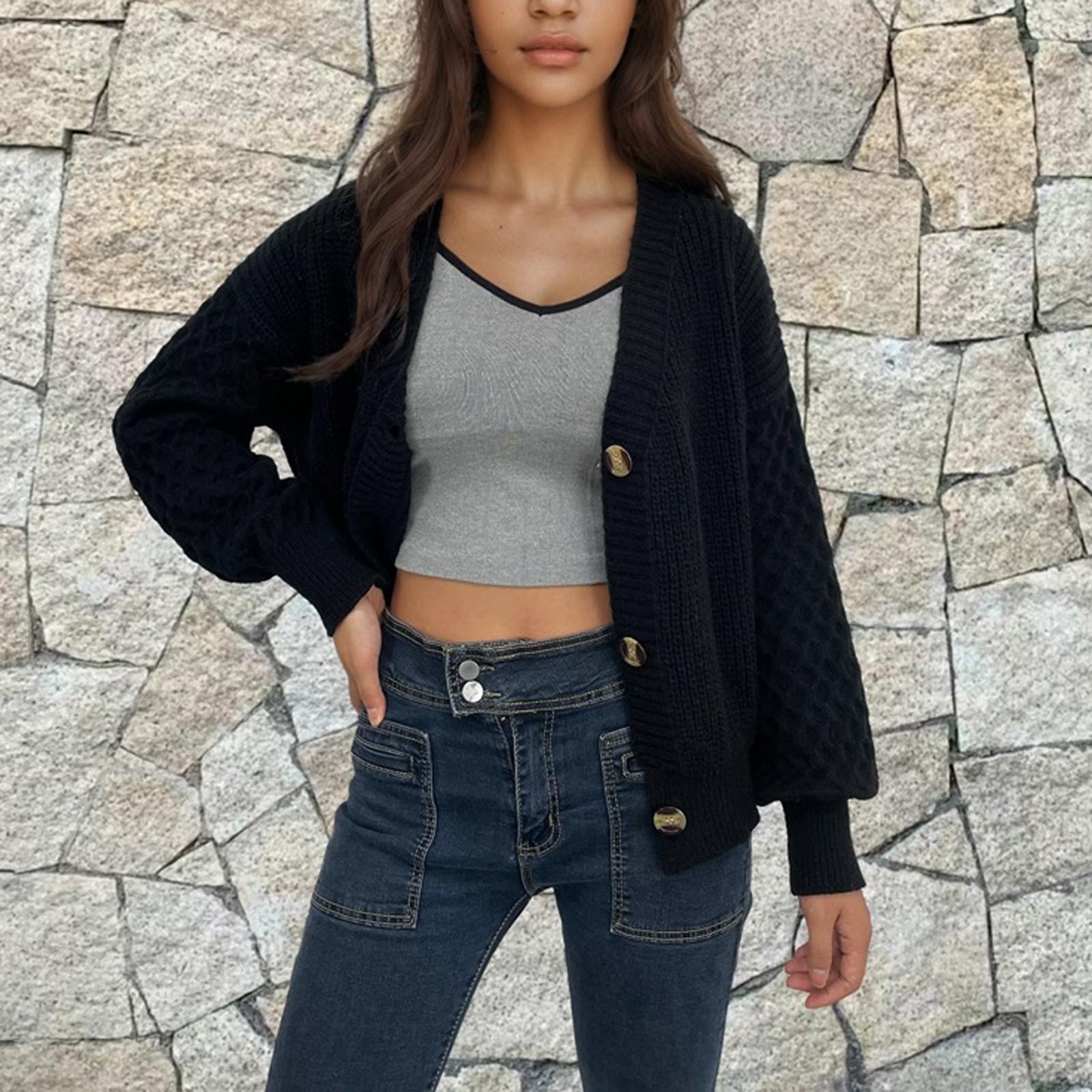 Женская мода V-образный вырез однобортный свитер пальто однотонный кардиган с рукавами — фото 4