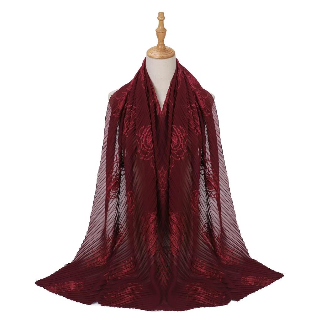 Women Pearl Chiffon Pleated Chiffon Hijab Scarf Islamic Clothing Headscarves Flower Shawls Headwraps For Ladies 70*165Cm