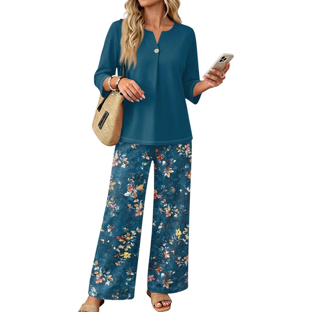 Women's Casual Printed Three-Quarter Sleeve Button Top and Wide Leg Pants 2-Piece Outfit Set