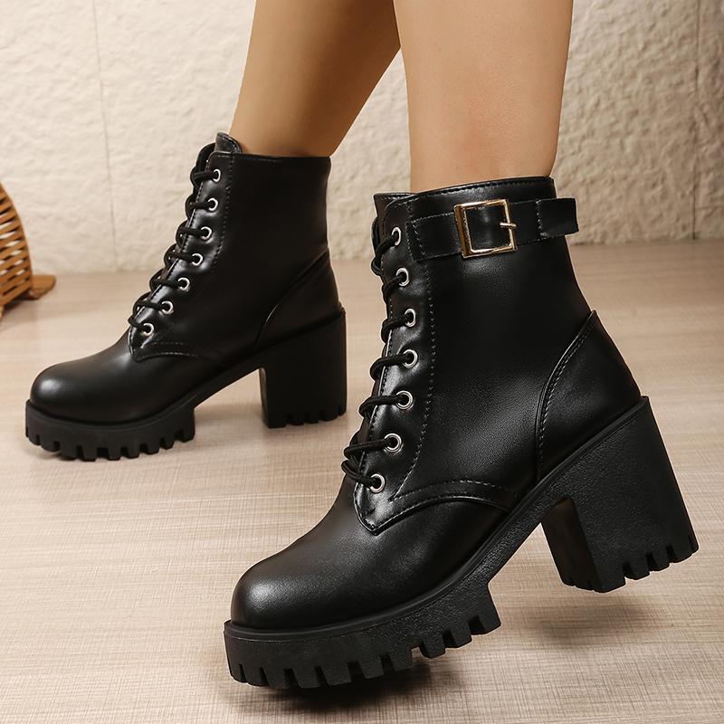 

Модные женские ботильоны на толстом каблуке, черные, из искусственной кожи, ботинки в стиле милитари, женские, осенне-зимние, на высоком каблуке, на платформе, ботильоны женские 2025 42