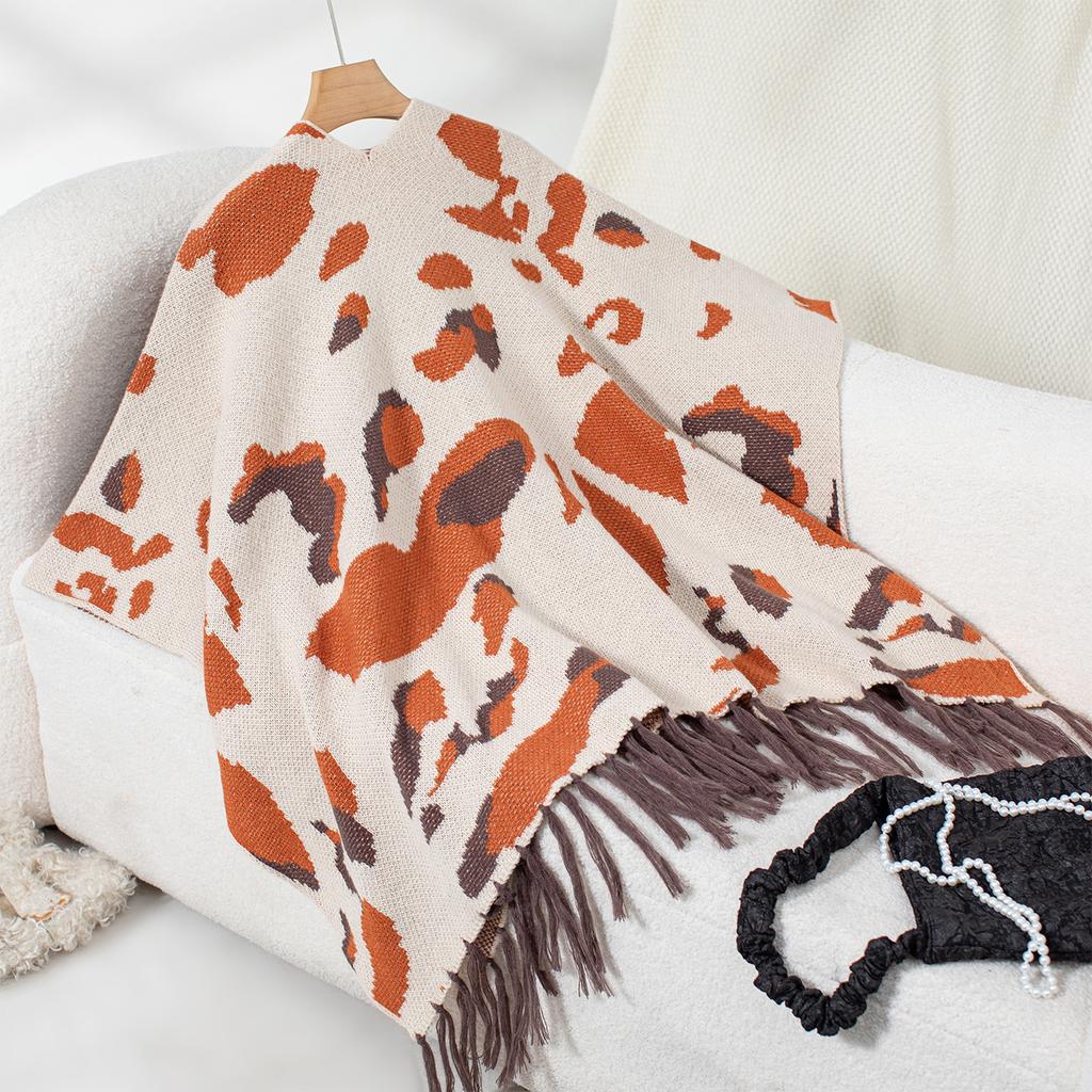 Women's Autumn and Winter Large-size Jacket Contrasting Color Leopard Print Knitted Tassel Cape Shawl Sweater Cape