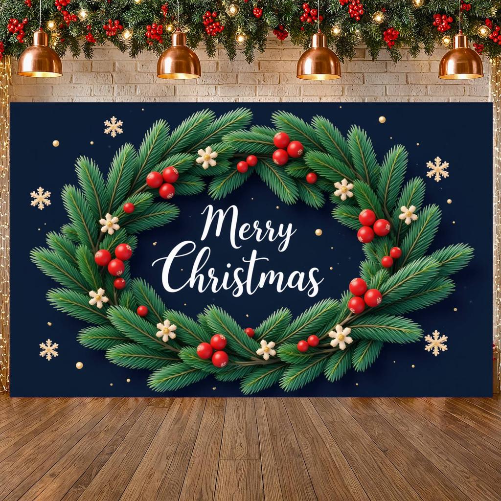 Xmas Banner Green Pine Christmas Party Banner Winter Banner White Flowers For Holiday Celebration Christmas Event Office