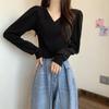 Short V-neck Base Shirt for Women with Niche Design and High Waist Long-sleeved T-shirt Spring and Autumn Puff Sleeve Irregular Top