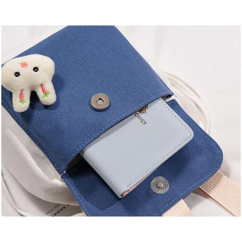 Kawaii Korean Style Canvas Bucket Bag, Cute Letter Print Drawstring Crossbody Purse, Soft Cotton Shoulder Bag for Women