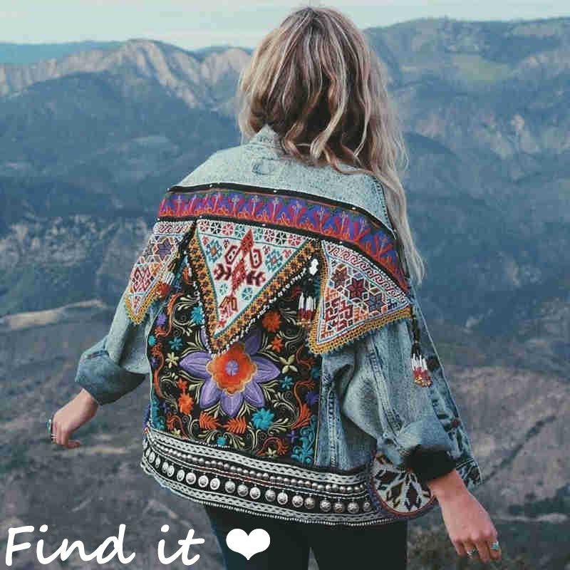 FindIt Bohemia Retro Embroider Three-Dimensional Decoration Denim Outwear Long Sleeve Lapel Top Fashion New Arrival