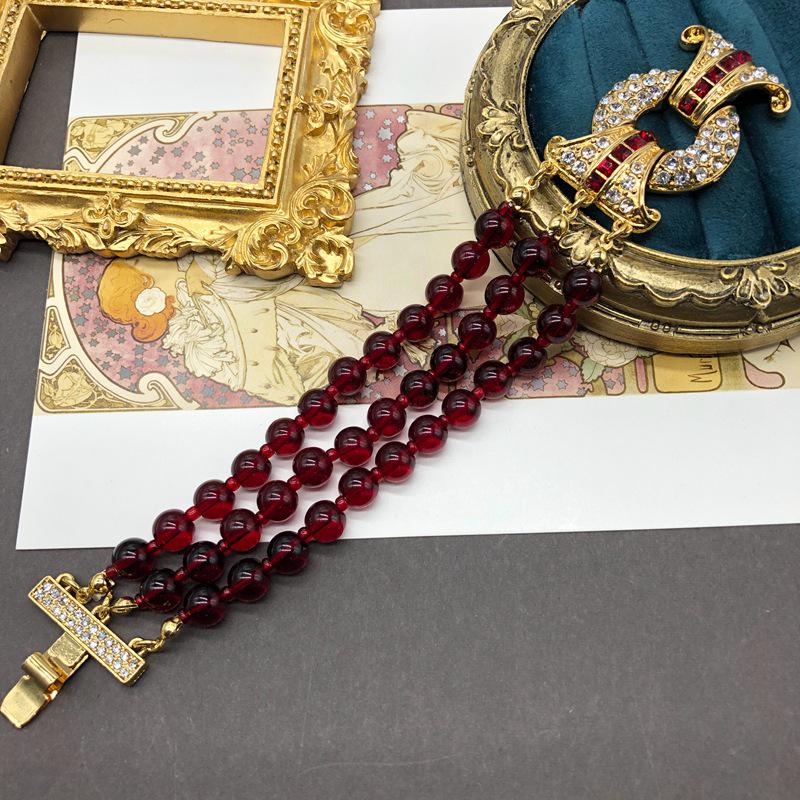 Retro Pomegranate Red Glass Bead Layered Sweater Chain & Rhinestone Necklace Bracelet Set