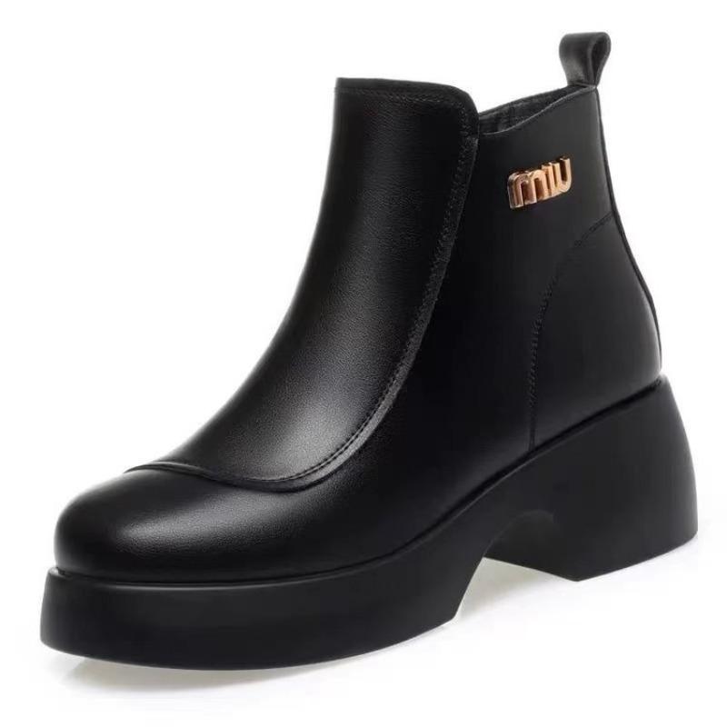 Thick-soled Short Boots Women's New Mother Warm Shoes Autumn and Winter Piled Thickened Leather Shoes Muffin Bottom Cold-proof Martin Boots