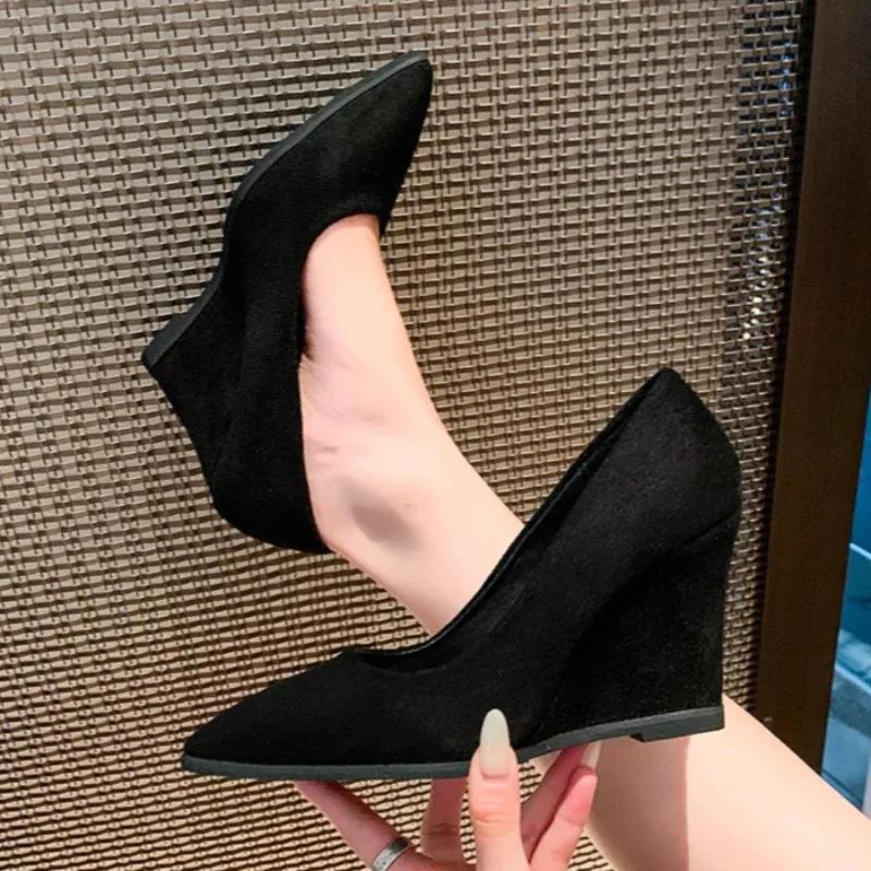 Pointed Toe Women Wedges Shoes Suede Elegant High Heels Shoes Woman Trend Designer Dress Party Fad Walking Pumps Mujer Zapatos