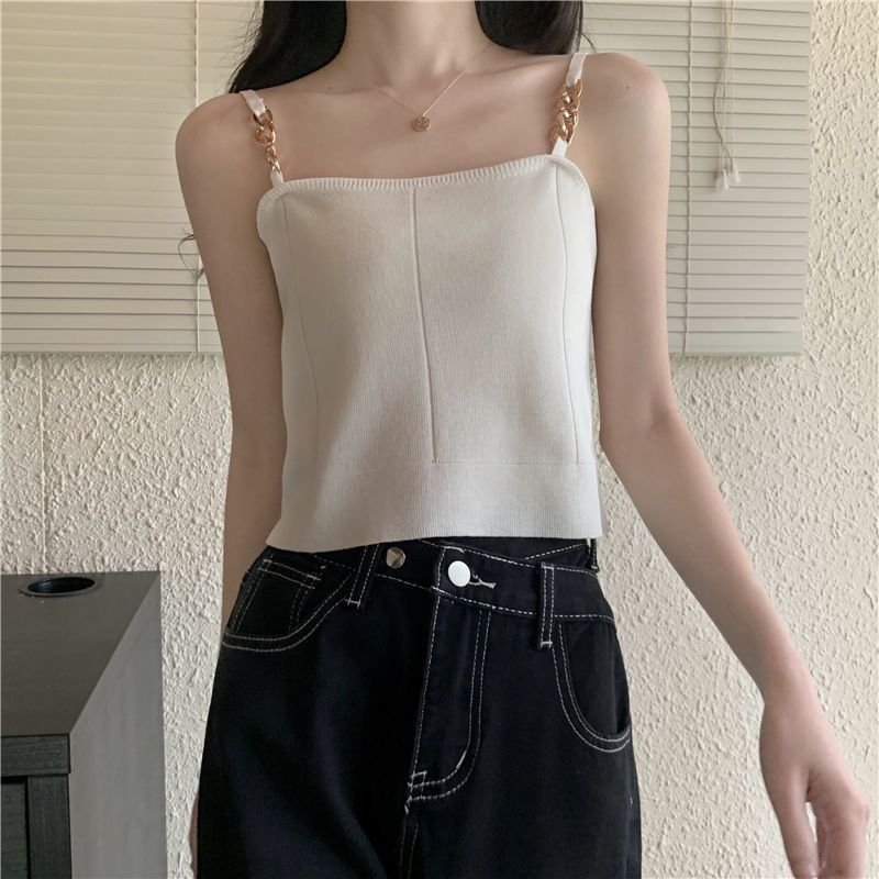 Ice Silk White Camisole Vest for Women's Summer Knitted Inner Top Fashion