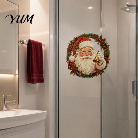 Christmas Window Clings Wreath Stickers, Retro Santa Claus PVC Decals, Waterproof Decorative Wall Stickers Static for Holiday Home Glass Doors