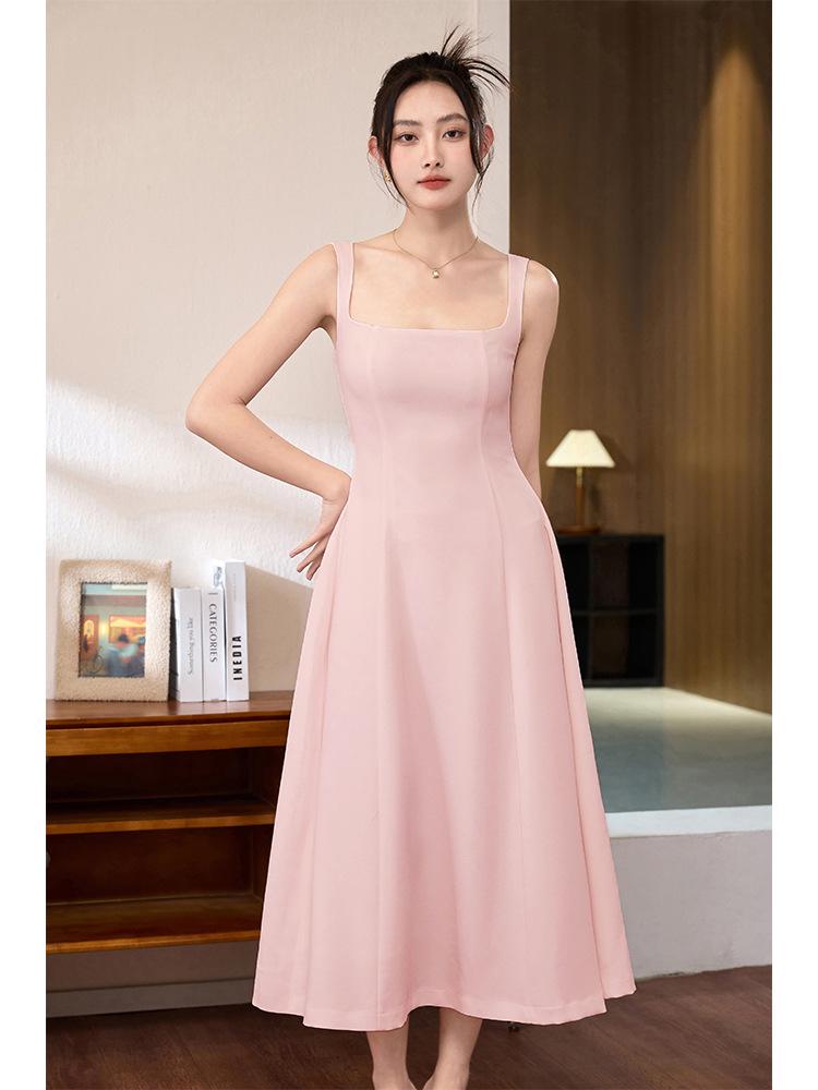 Elegant French Style Acetate Crinkled Strappy Long Dress for Mature Women
