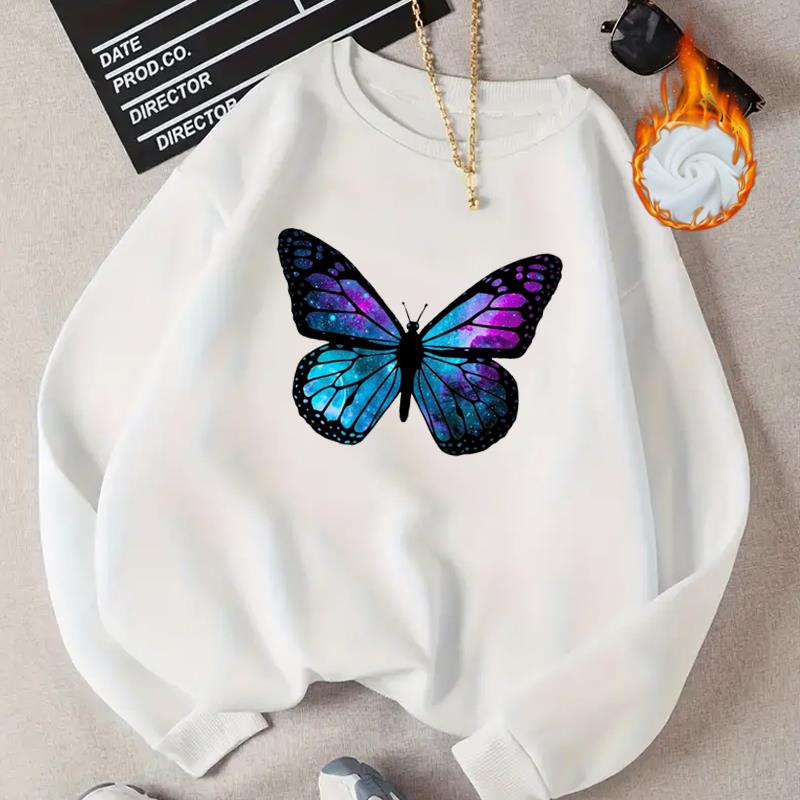 

(Азиатский размер) Женские модные повседневные пуловеры с рисунком бабочки в стиле 90-х годов, весна-осень-осень-зима, флисовая одежда, толстовки с графическим рисунком