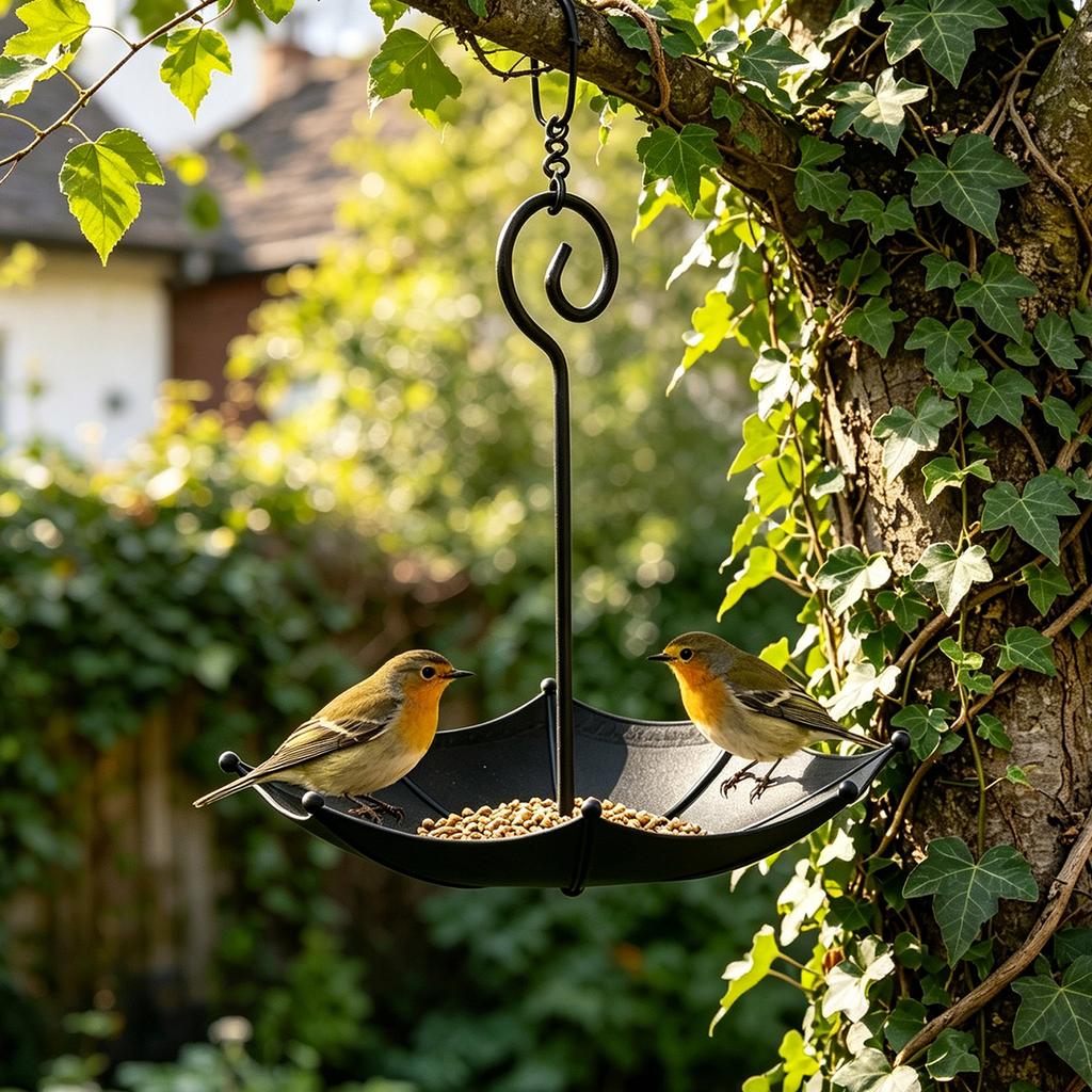 Upside Down Umbrella Bird Feeder Hanging Outdoor Decorative Metal Garden Feeder for Wild Birds with Curved Hook Design