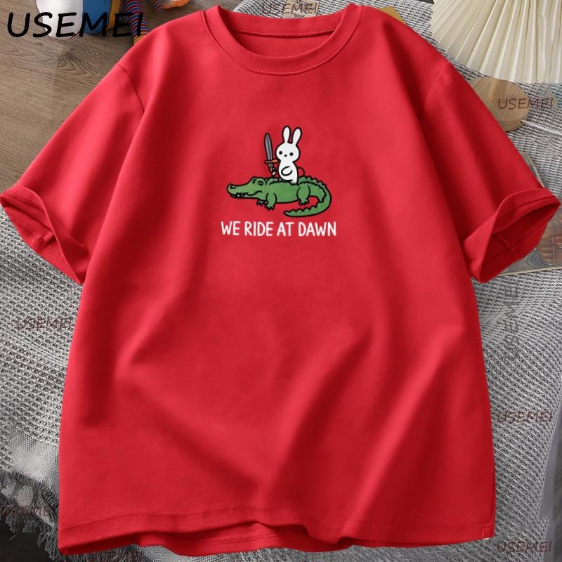 

We Ride At Dawn TShirt Women Unisex Bunny and Alligator T Shirt Funny Animal Printed Tshirt ONeck Short Sleeve Unisexs Clothing XL