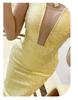 Silk Luxury Low-Cut Mesh Bandage Dress with Gold Waist for Evening Party